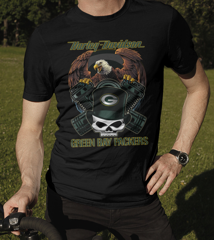 Harley Davidson Green Bay Packers Eagle Skull Motorcycle Art T-Shirt