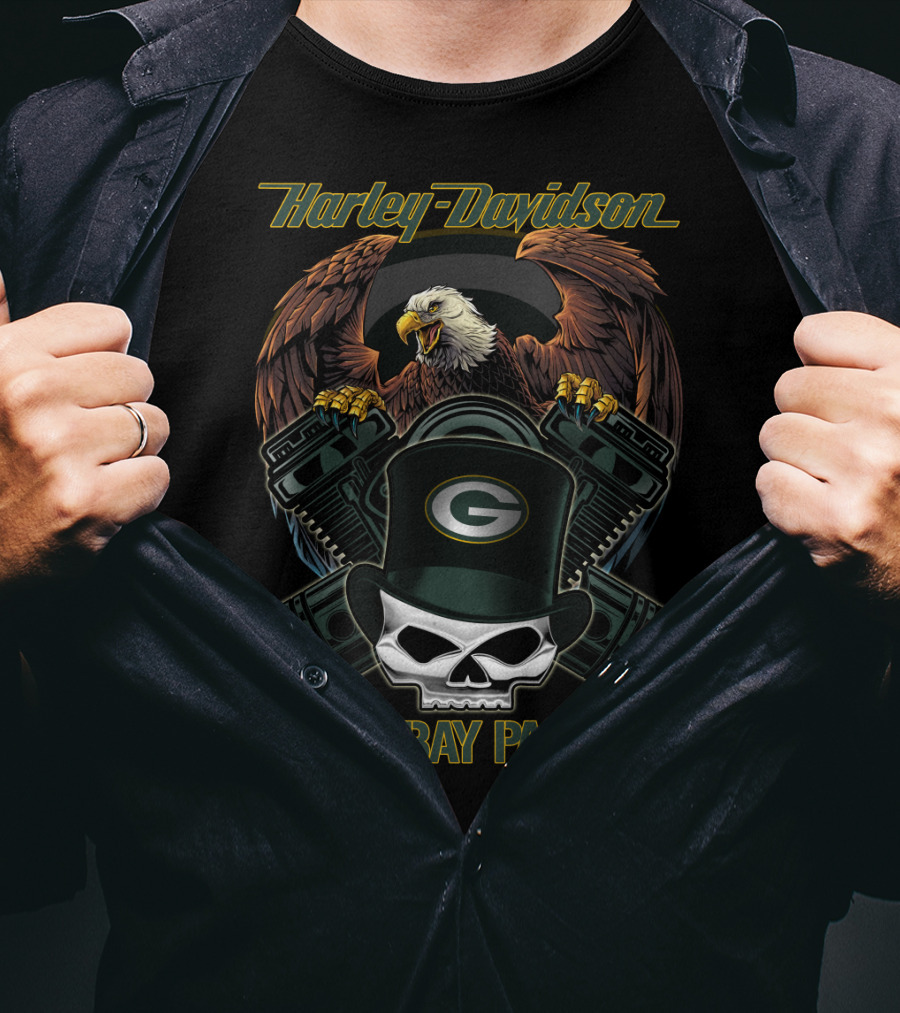 Harley Davidson Green Bay Packers Eagle Skull Motorcycle Art T-Shirt