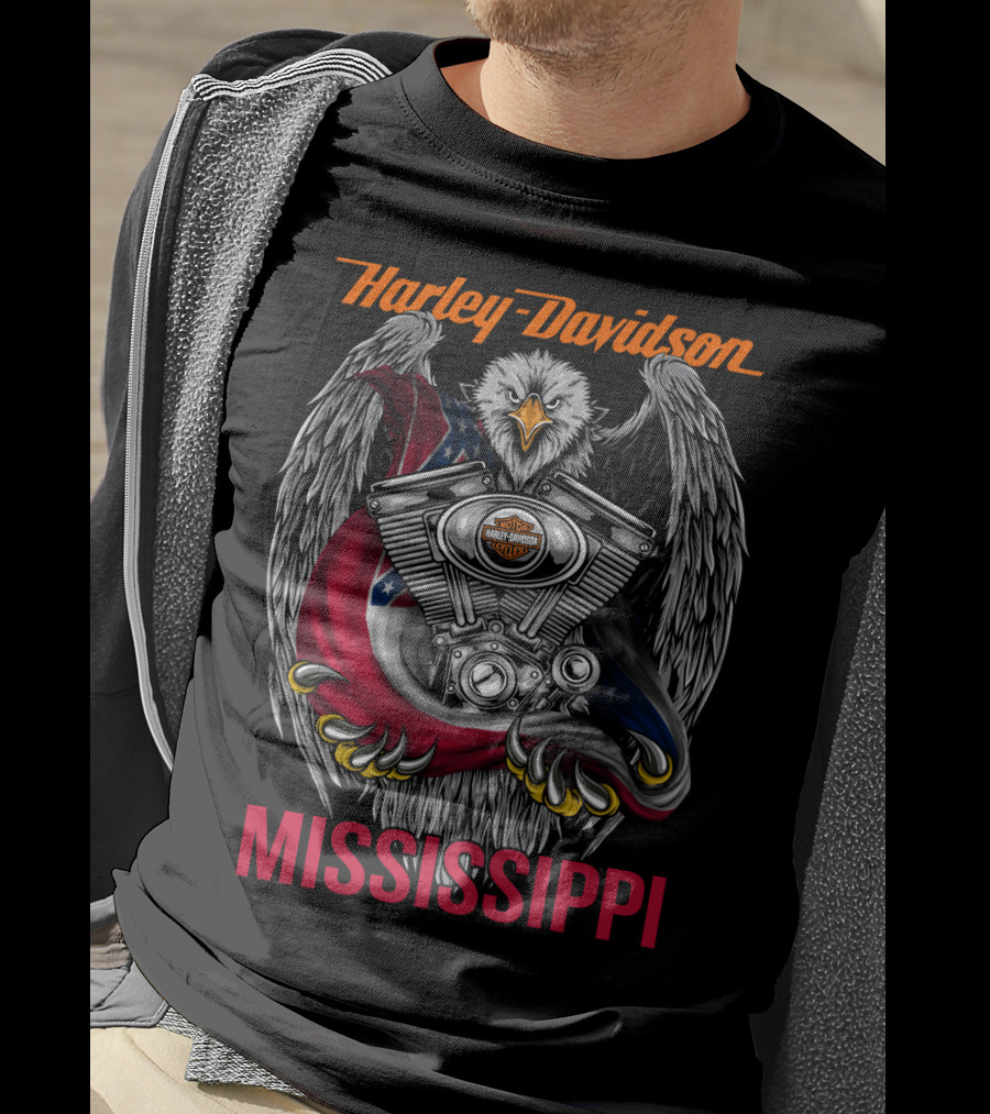 Harley Davidson Mississippi Eagle With Engine And Flag Symbol T-Shirt