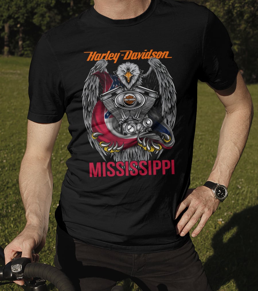 Harley Davidson Mississippi Eagle With Engine And Flag Symbol T-Shirt