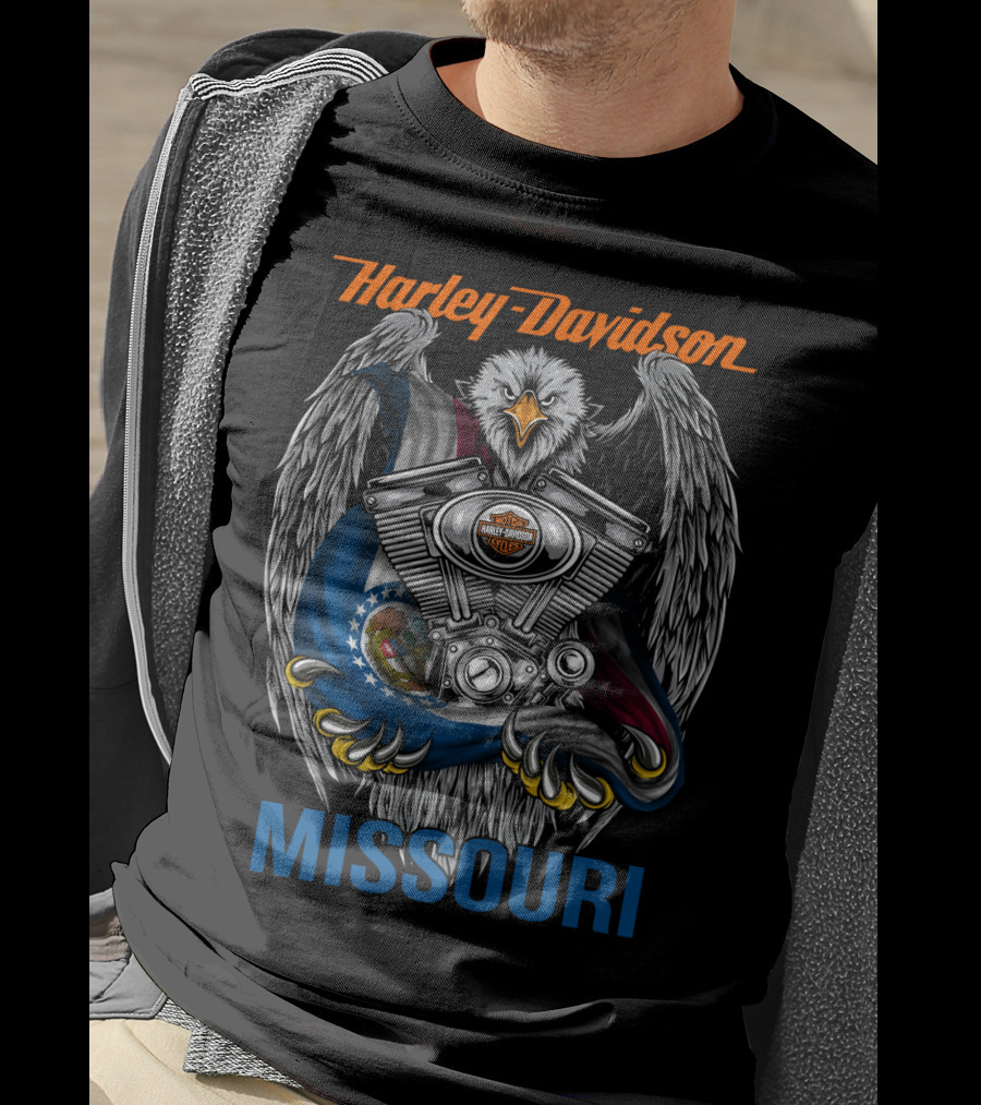Harley Davidson Missouri Eagle Emblem With Engine And Flag Motif T-Shirt
