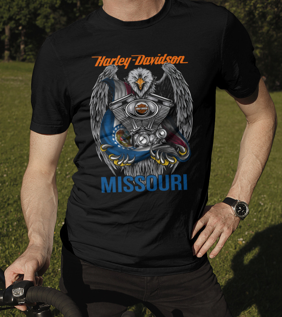 Harley Davidson Missouri Eagle Emblem With Engine And Flag Motif T-Shirt