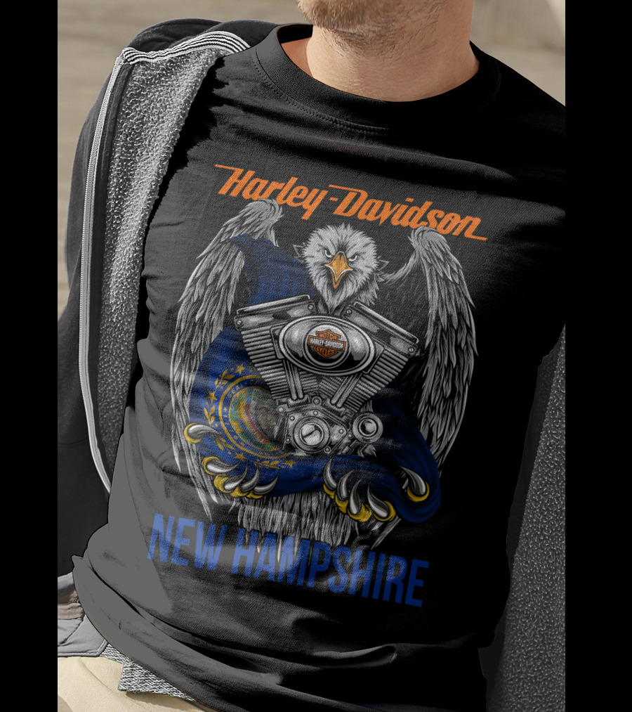 Harley Davidson New Hampshire Eagle And Bike Engine T-Shirt