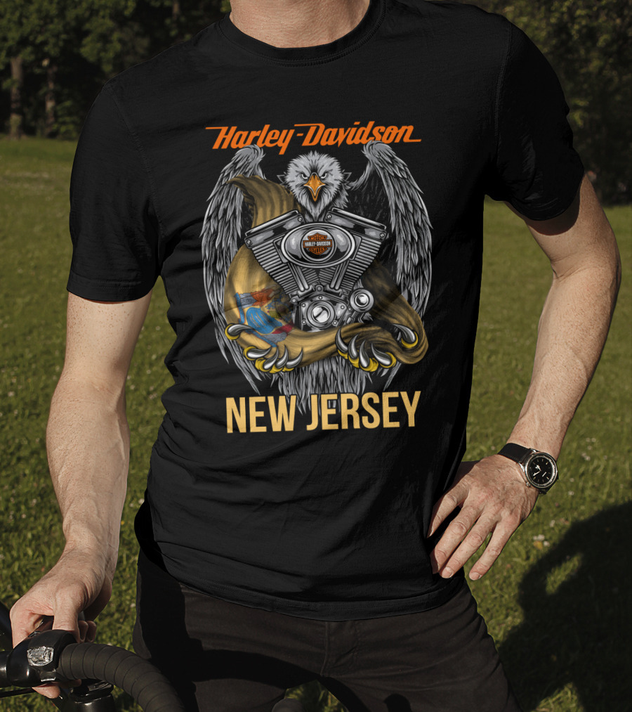 Harley Davidson New Jersey Eagle With Engine And Banner T-Shirt