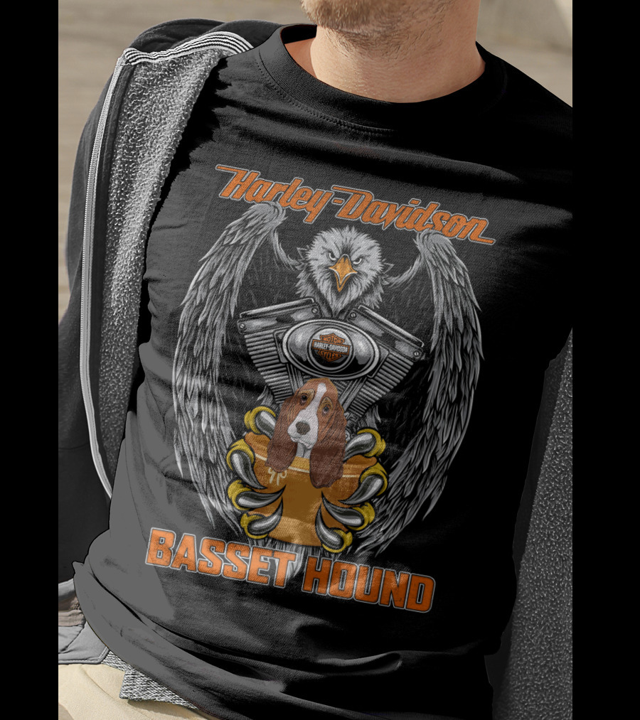 Harley Davidson Basset Hound Eagle Engine Motif T-Shirt
