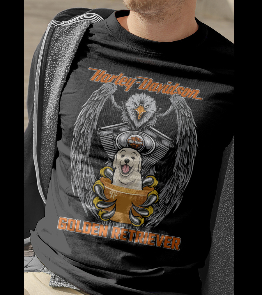 Harley Davidson Eagle Engine Golden Retriever T-Shirt