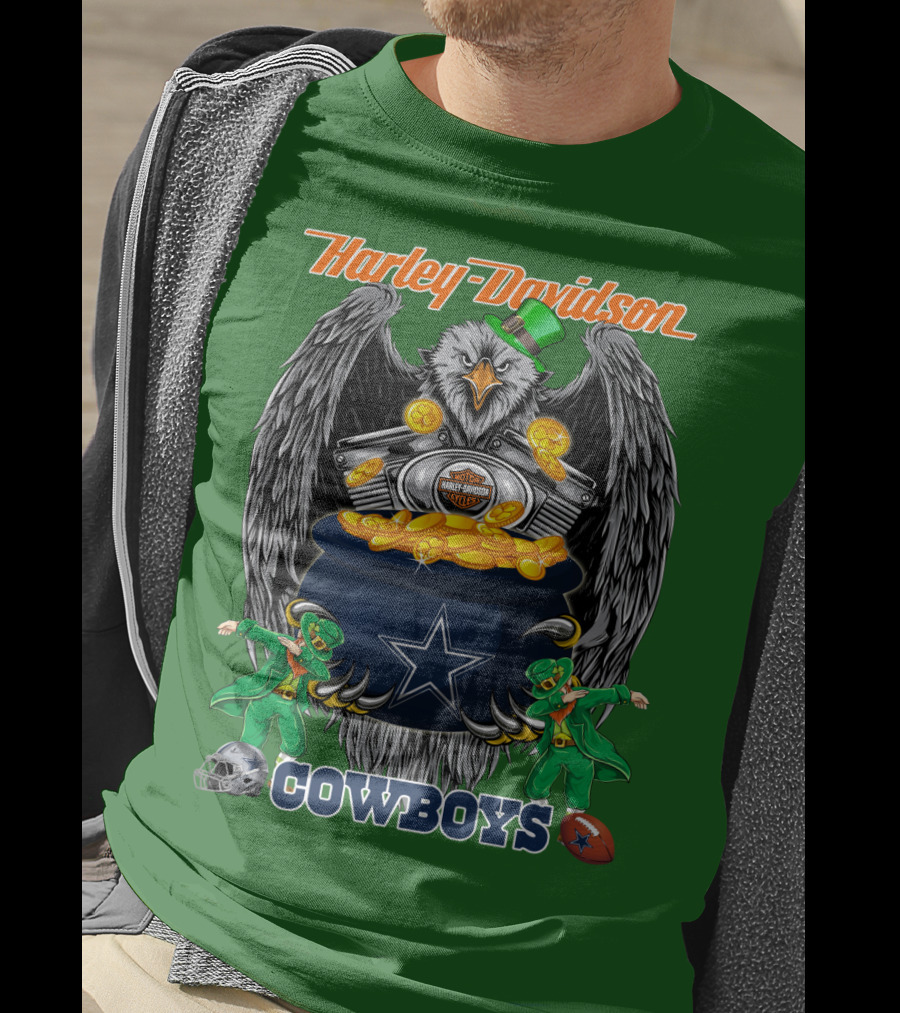 Harley Davidson Nfl Dallas Cowboys Eagle With Leprechauns And Pot Of Gold T-Shirt