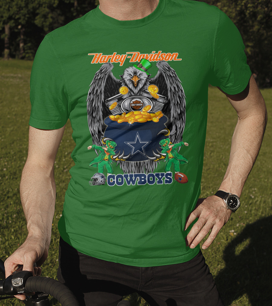 Harley Davidson Nfl Dallas Cowboys Eagle With Leprechauns And Pot Of Gold T-Shirt