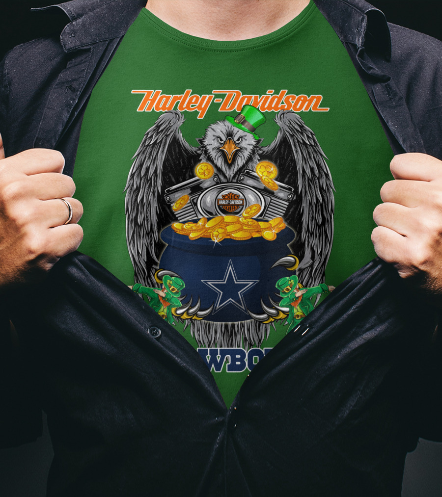 Harley Davidson Nfl Dallas Cowboys Eagle With Leprechauns And Pot Of Gold T-Shirt