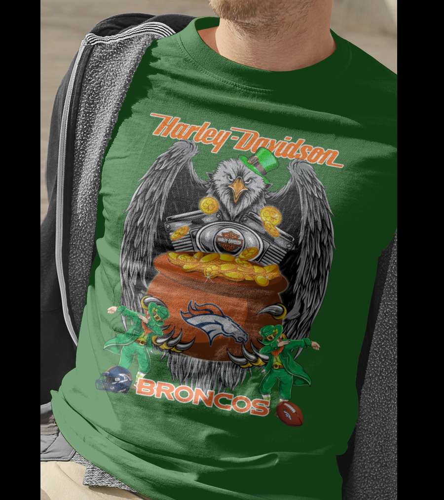Harley Davidson Denver Broncos Nfl Leprechaun Eagle Pot Of Gold T-Shirt