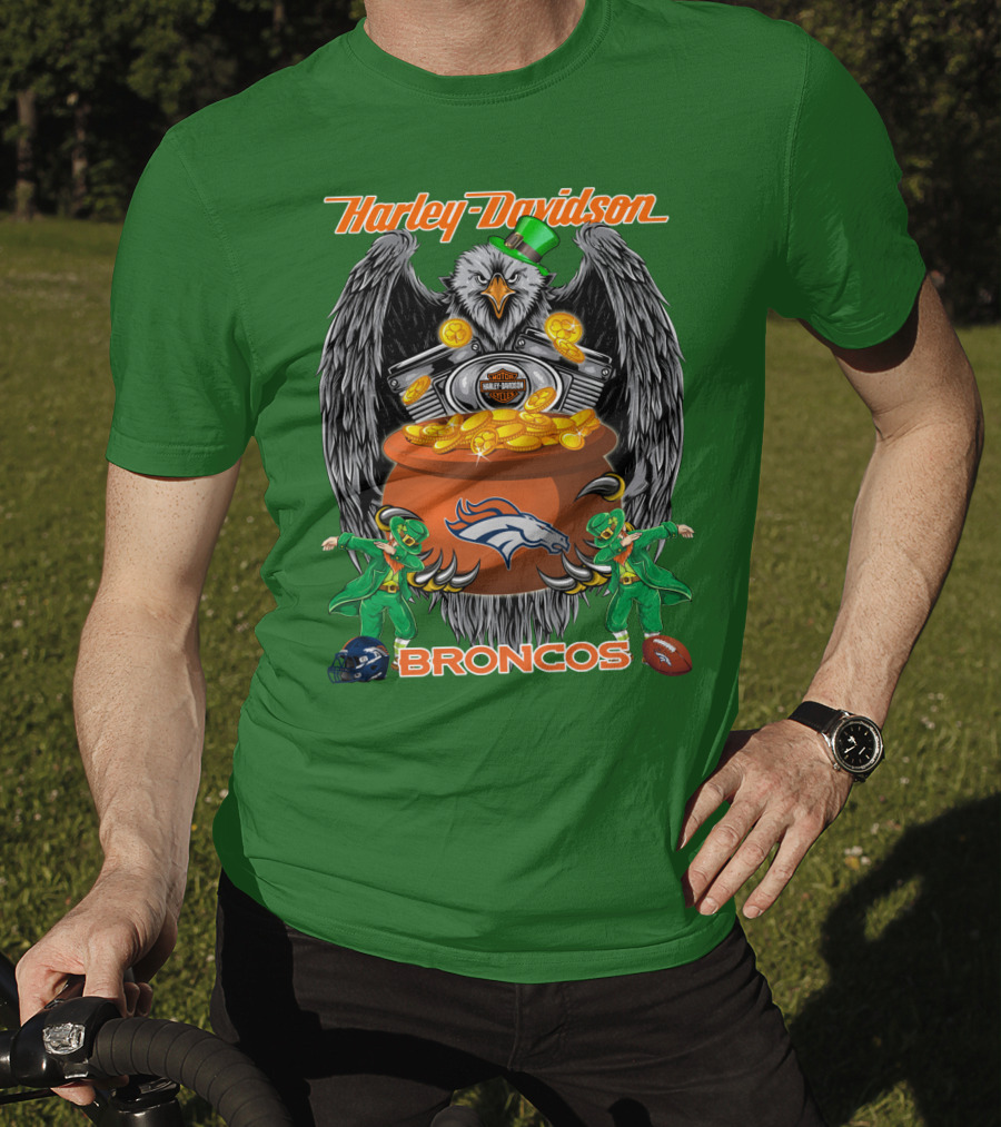Harley Davidson Denver Broncos Nfl Leprechaun Eagle Pot Of Gold T-Shirt