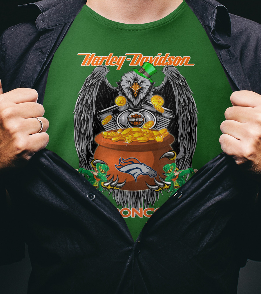 Harley Davidson Denver Broncos Nfl Leprechaun Eagle Pot Of Gold T-Shirt