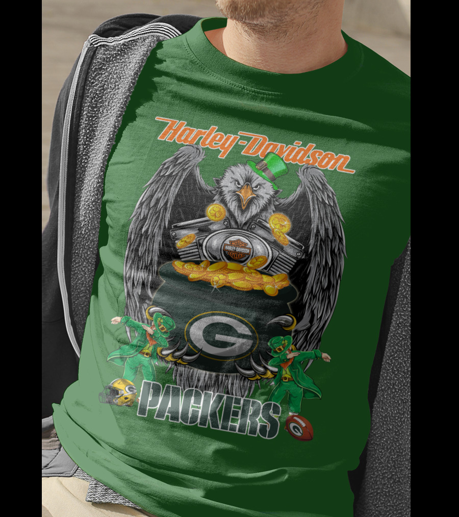 Harley Davidson Packers Nfl Green Bay Eagles And Leprechauns With Coins T-Shirt
