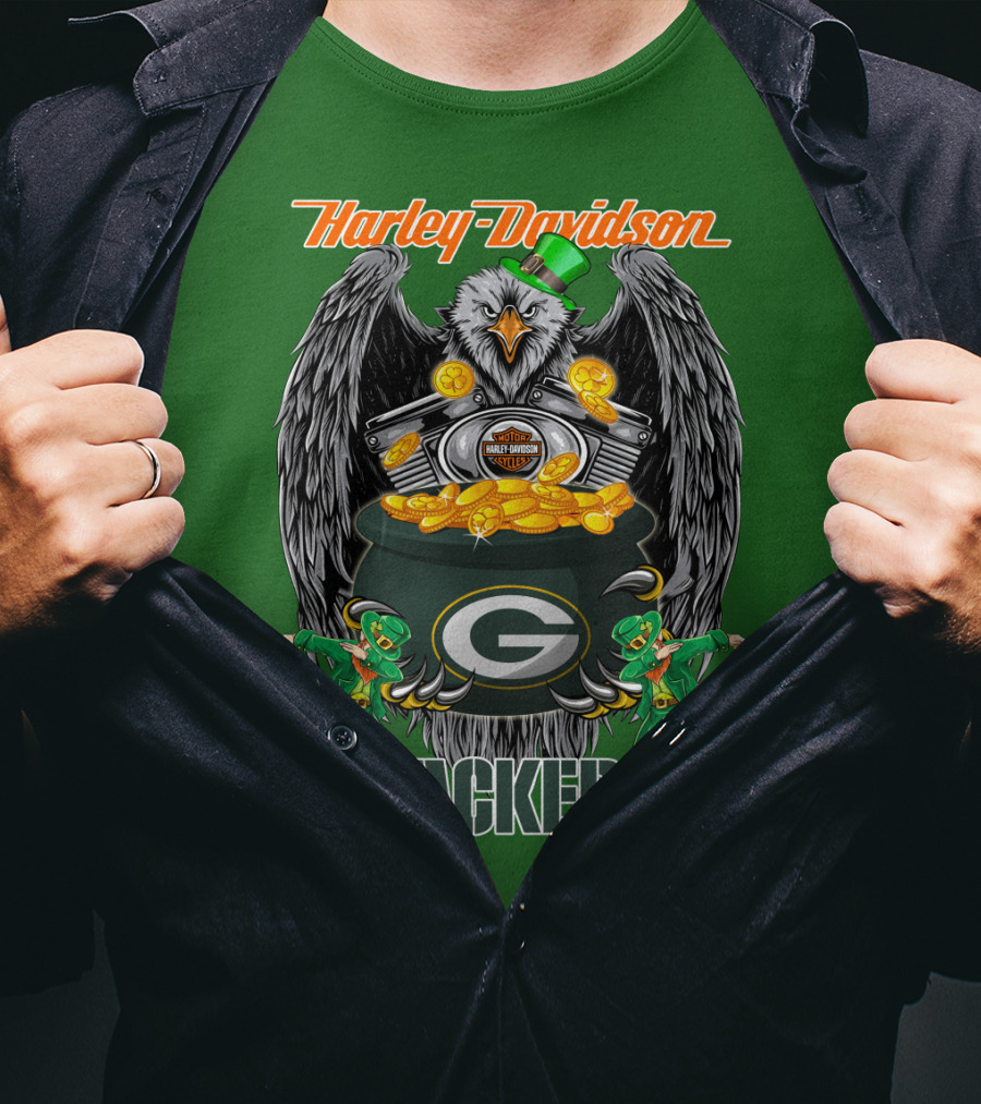 Harley Davidson Packers Nfl Green Bay Eagles And Leprechauns With Coins T-Shirt