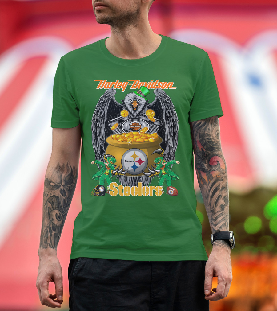 Harley Davidson Steelers Eagle Leprechaun Gold Nfl Pittsburgh T-Shirt