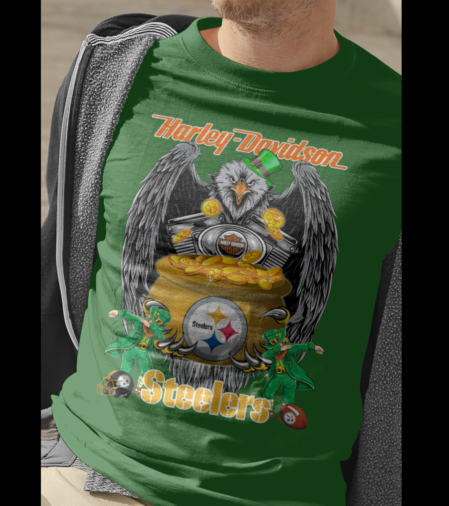 Harley Davidson Steelers Eagle Leprechaun Gold Nfl Pittsburgh T-Shirt