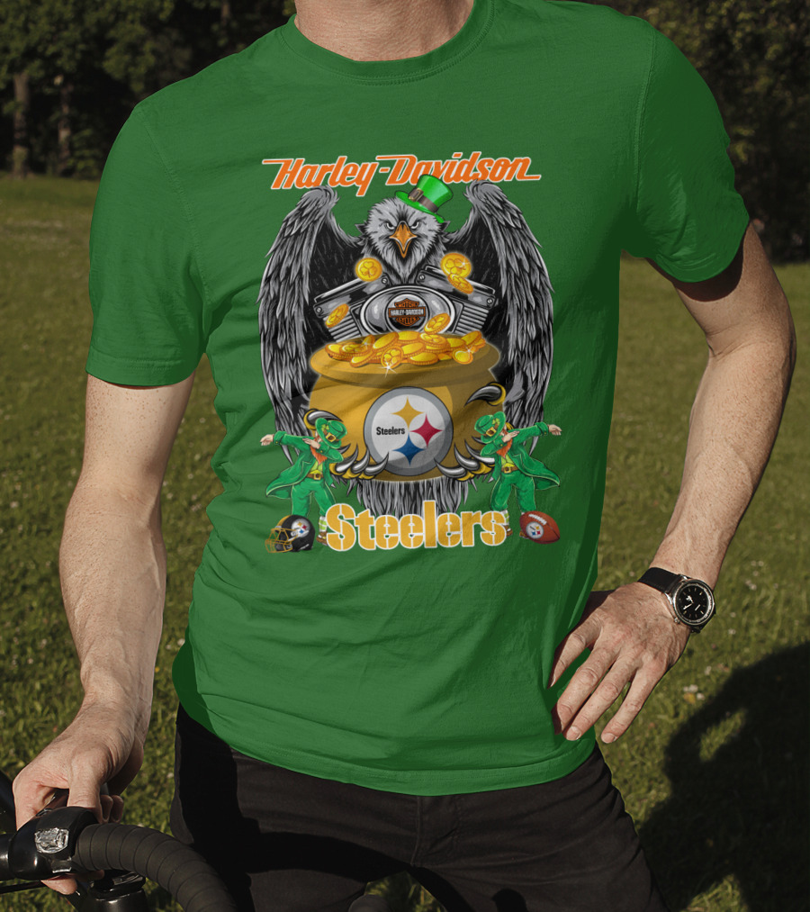 Harley Davidson Steelers Eagle Leprechaun Gold Nfl Pittsburgh T-Shirt