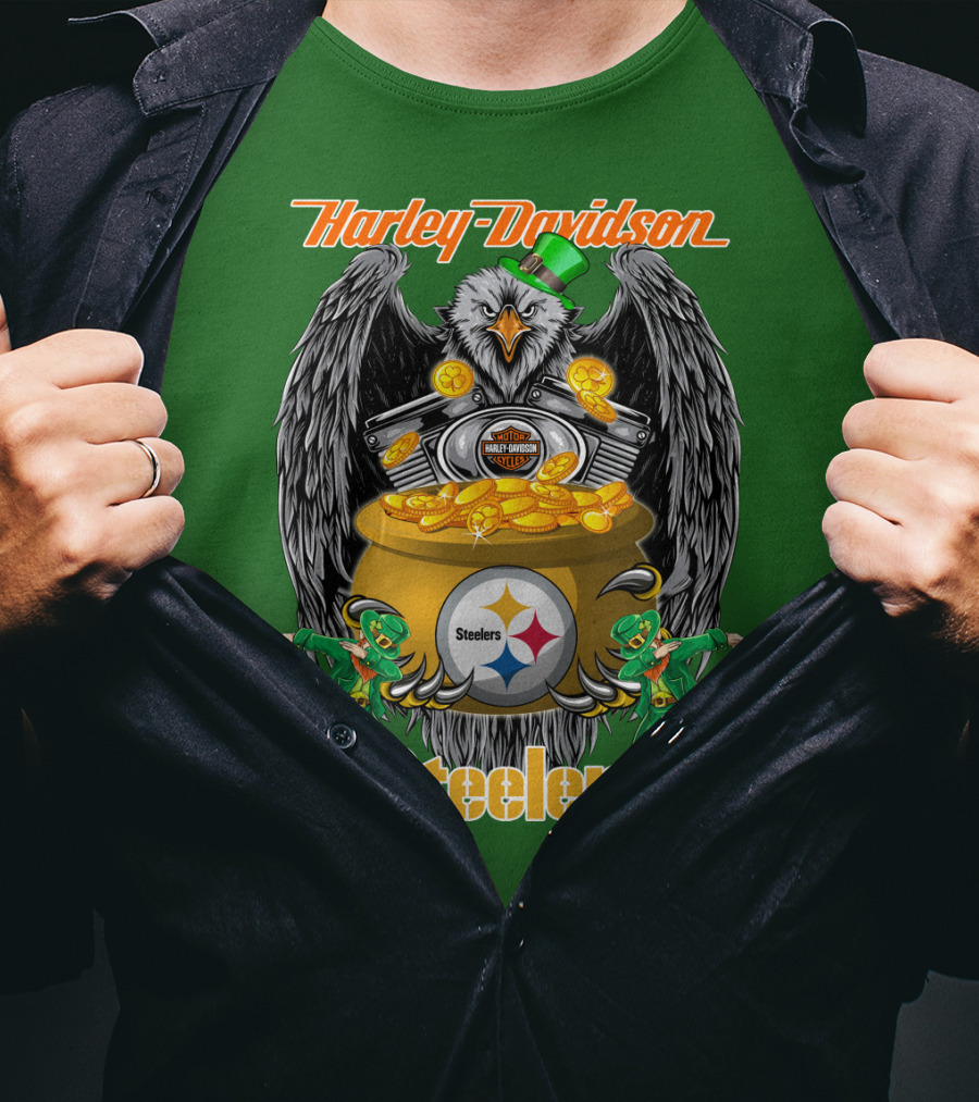 Harley Davidson Steelers Eagle Leprechaun Gold Nfl Pittsburgh T-Shirt