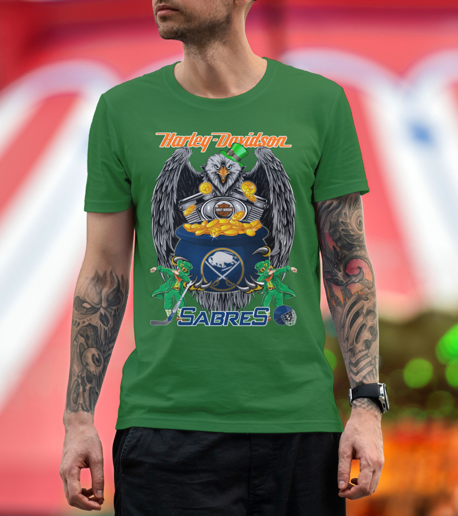 Harley Davidson Sabres Nhl Buffalo St. Patrick's Day Eagle And Pot Of Gold T-Shirt