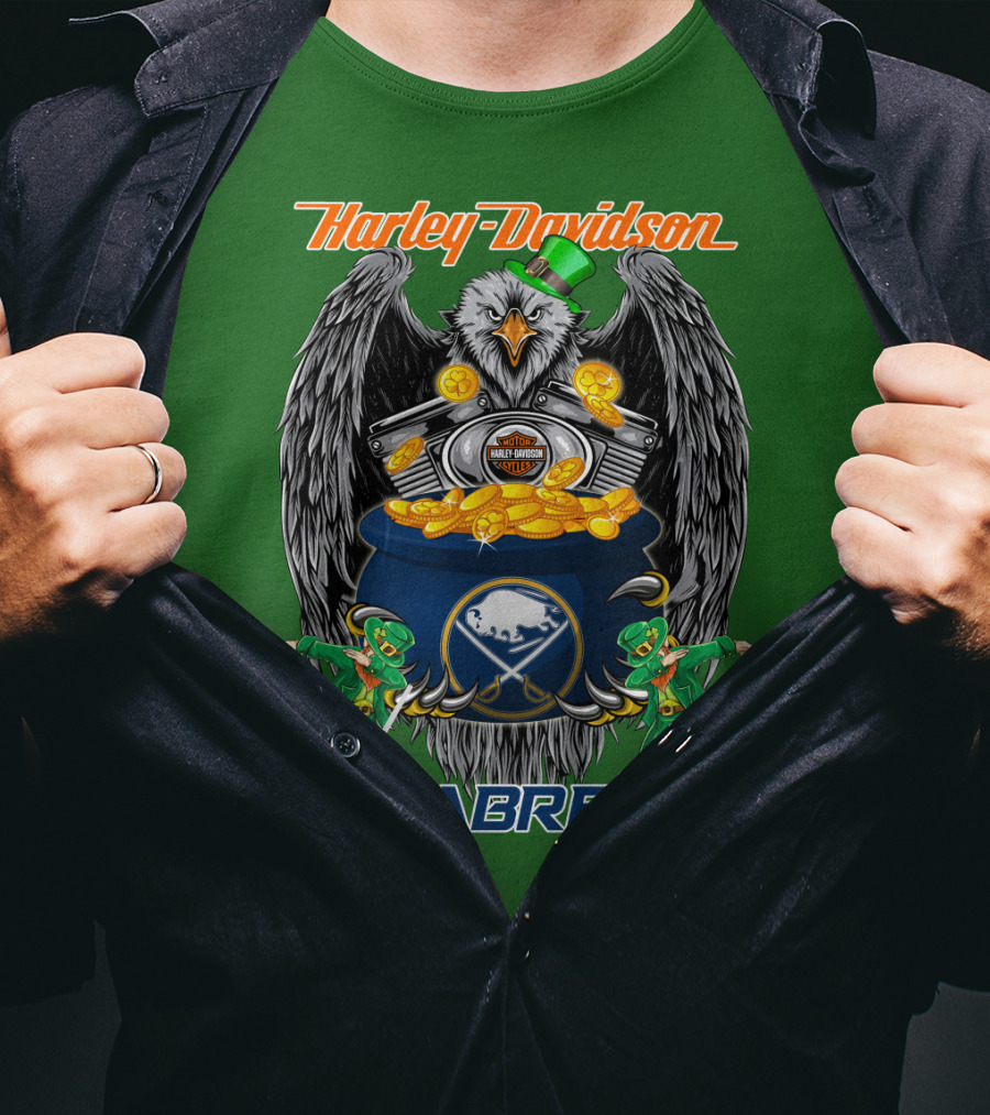 Harley Davidson Sabres Nhl Buffalo St. Patrick's Day Eagle And Pot Of Gold T-Shirt