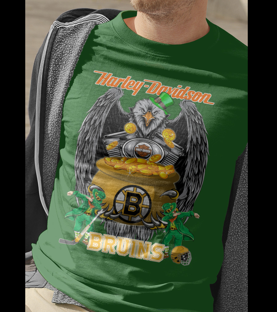 Harley Davidson Bruins St. Patrick's Day Coin Pot Hockey T-Shirt