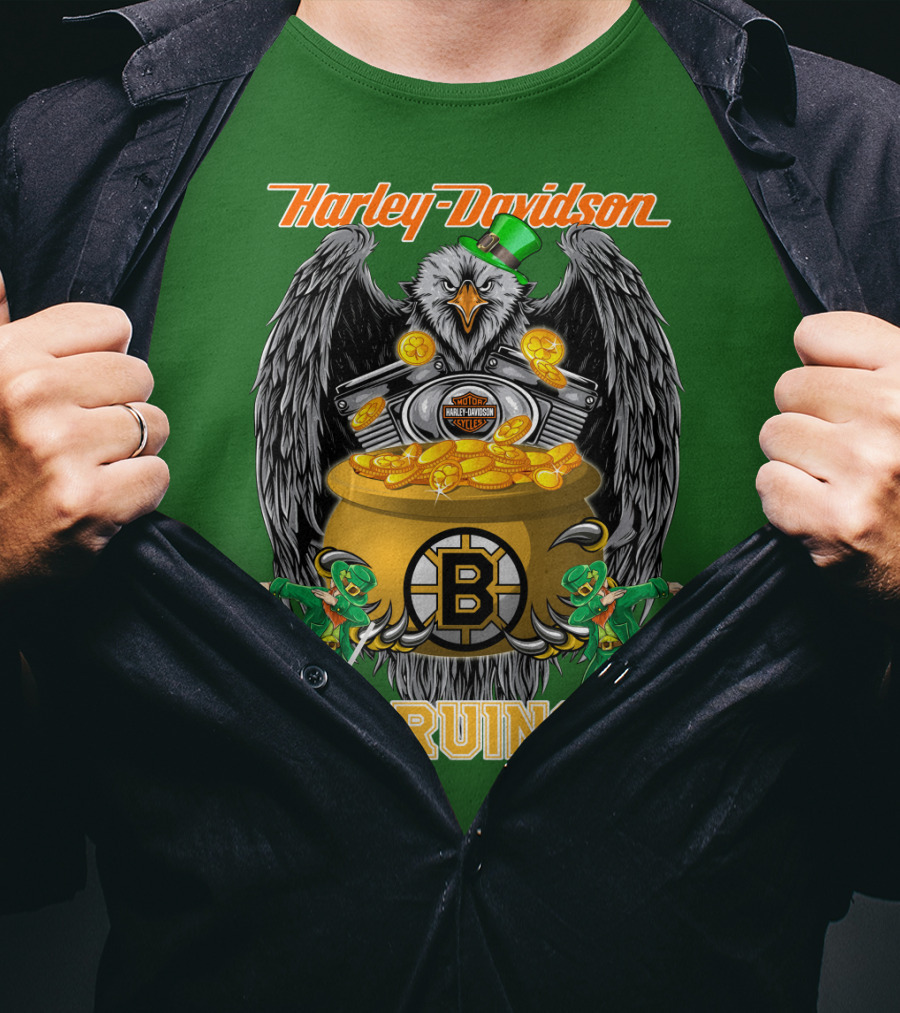 Harley Davidson Bruins St. Patrick's Day Coin Pot Hockey T-Shirt