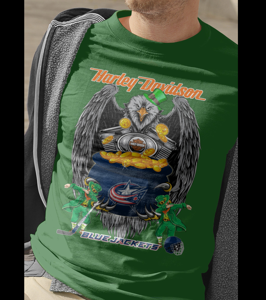 Harley Davidson Columbus Blue Jackets Nhl Eagle Leprechaun Gold Coins Green Hat T-Shirt
