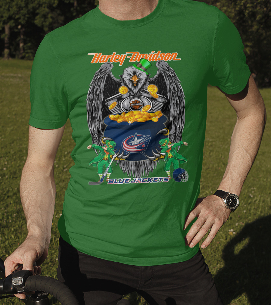 Harley Davidson Columbus Blue Jackets Nhl Eagle Leprechaun Gold Coins Green Hat T-Shirt