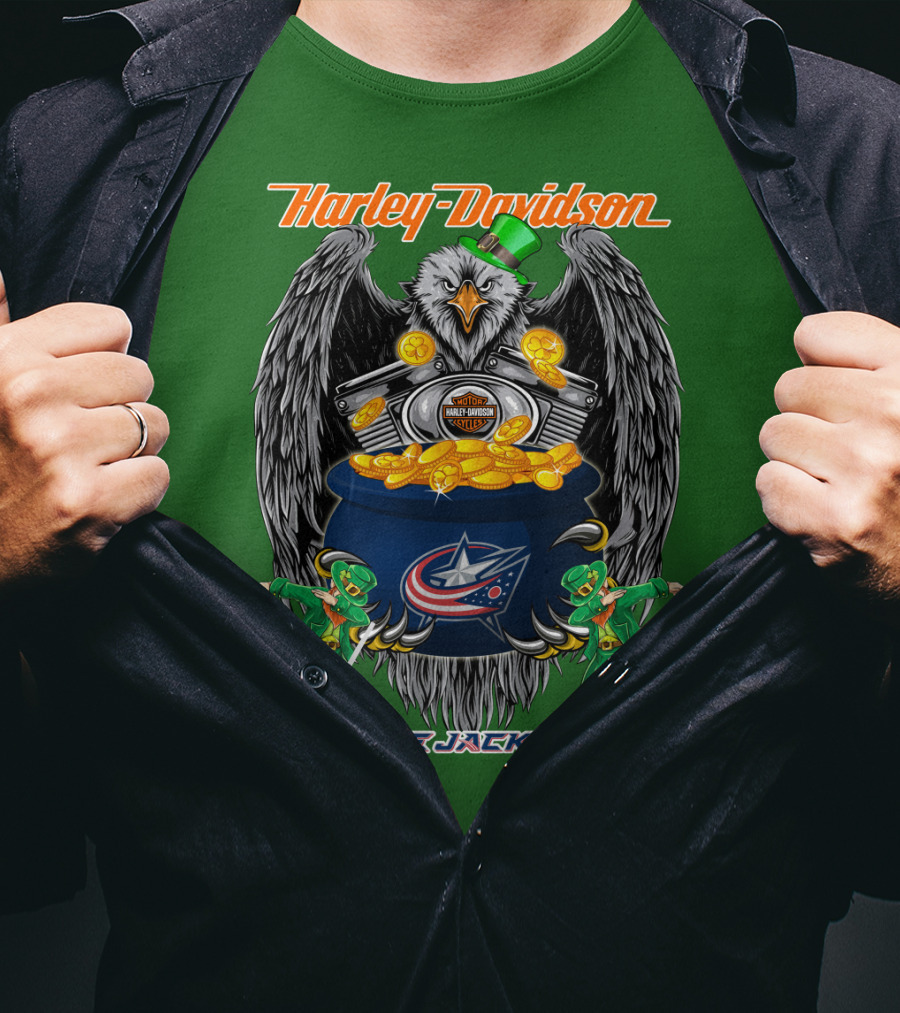 Harley Davidson Columbus Blue Jackets Nhl Eagle Leprechaun Gold Coins Green Hat T-Shirt