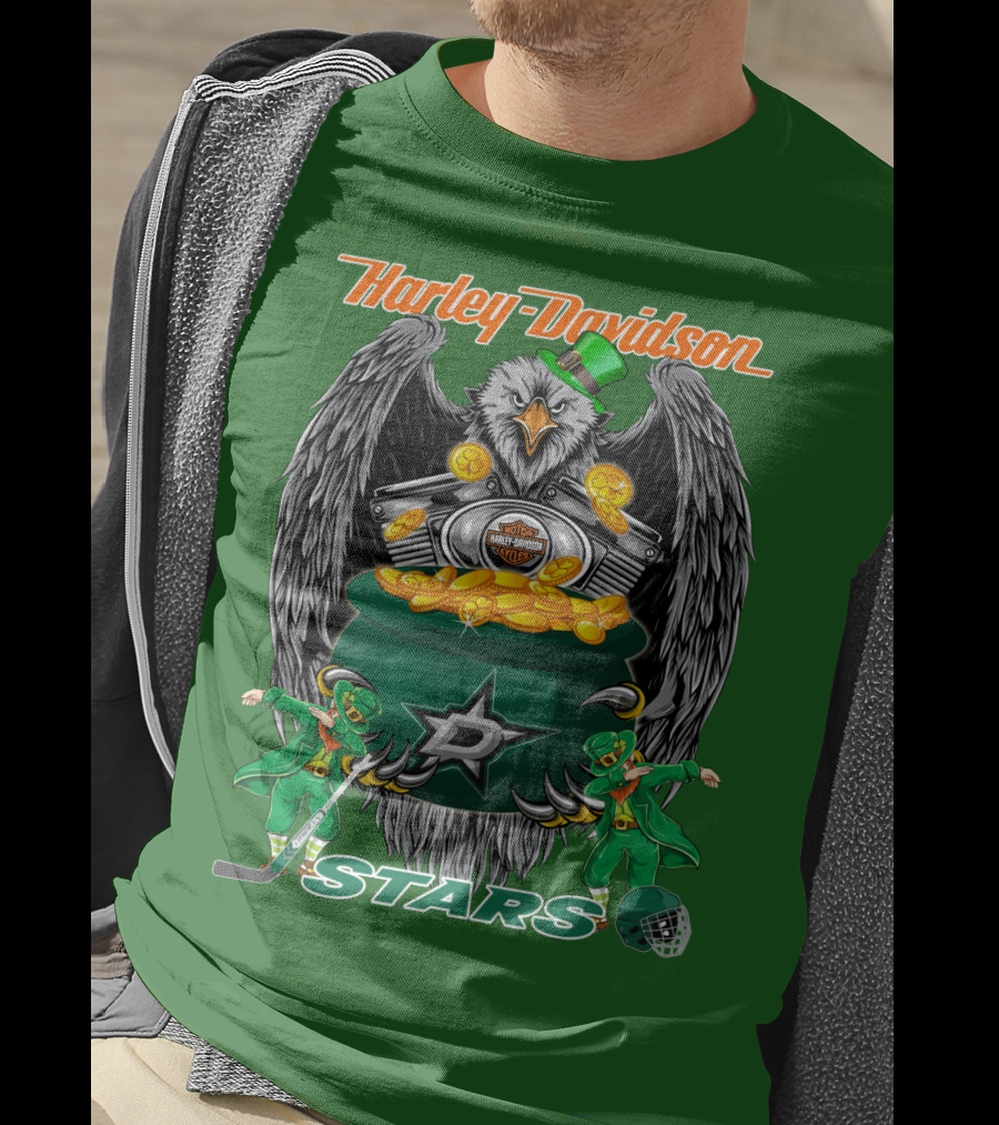 Harley Davidson Dallas Stars Nhl Eagle With Leprechauns And Hockey Gear T-Shirt