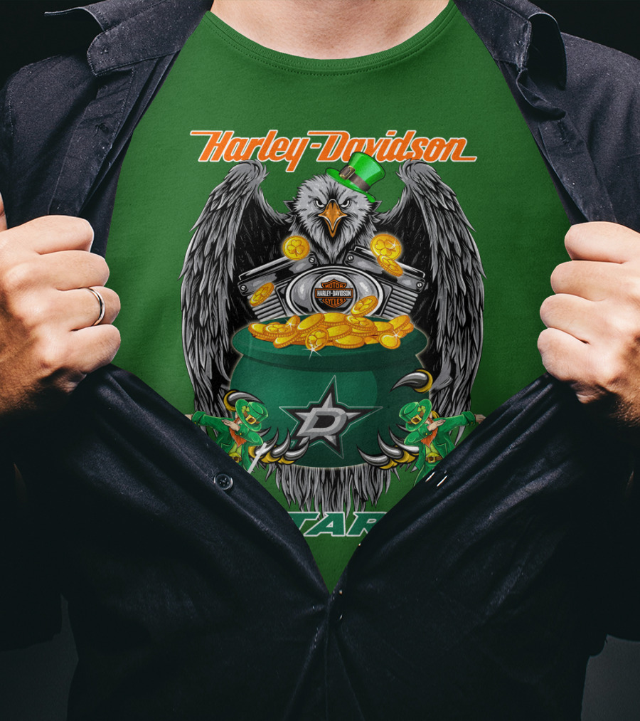 Harley Davidson Dallas Stars Nhl Eagle With Leprechauns And Hockey Gear T-Shirt