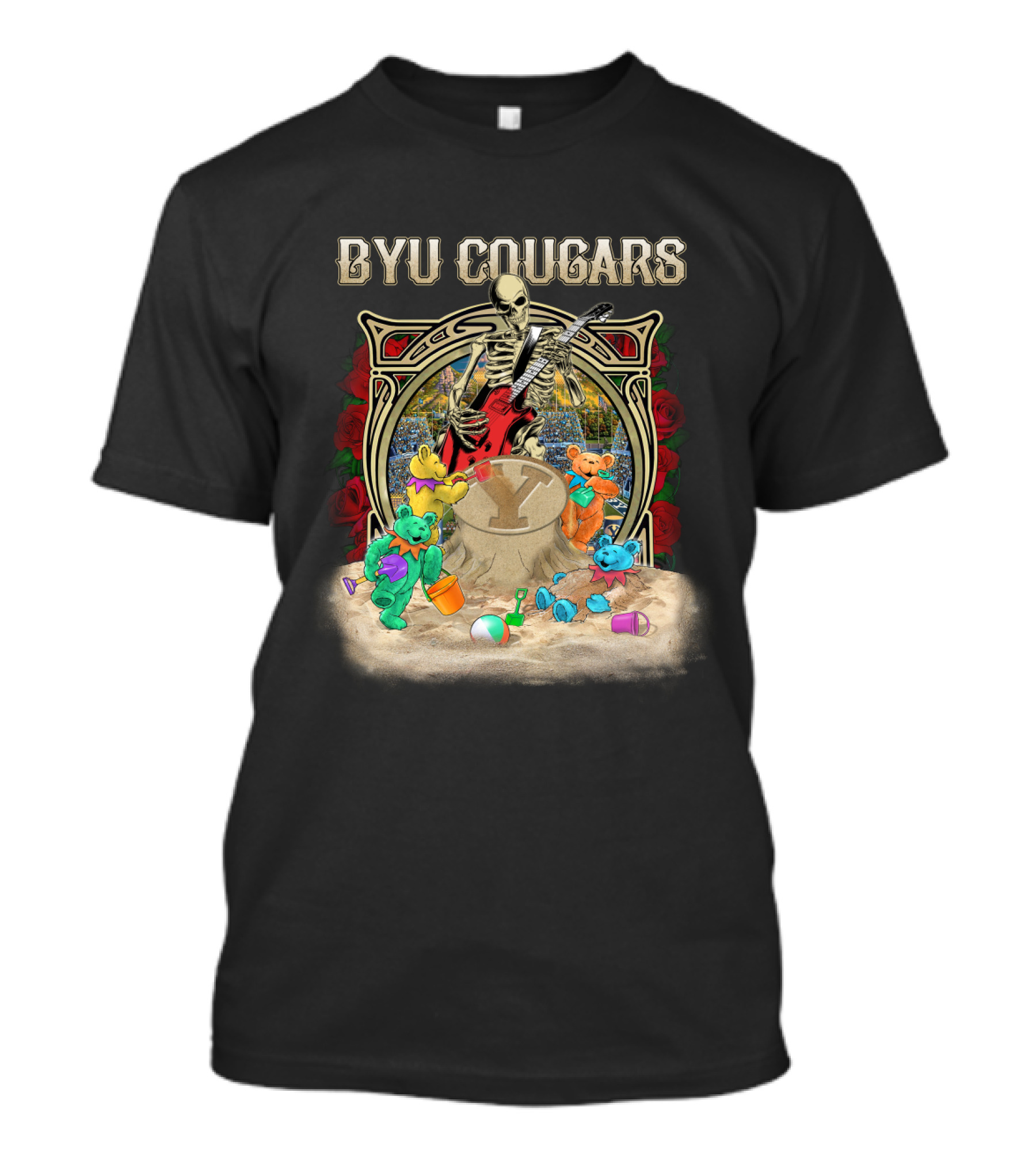 Byu Cougars Grateful Dead Skeleton Teddy Bears Roses T-Shirt