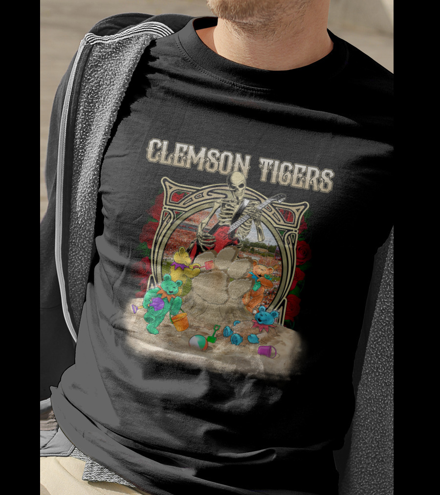 Clemson Tigers Grateful Dead Skeleton Bears Sandcastle Roses T-Shirt
