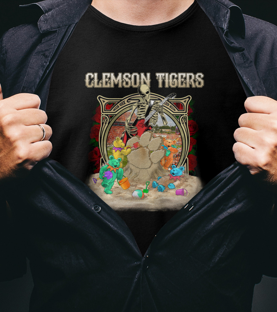 Clemson Tigers Grateful Dead Skeleton Bears Sandcastle Roses T-Shirt