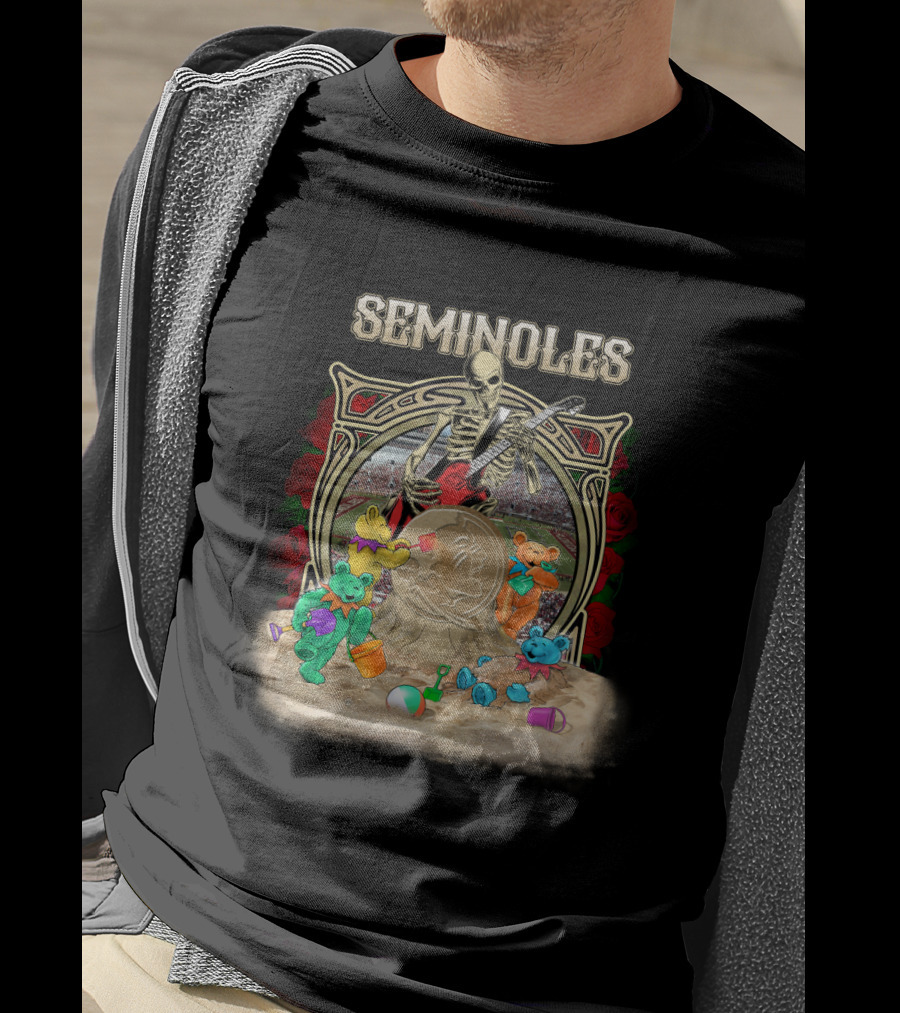 Seminoles Skeleton With Guitar And Teddy Bears At Sandcastle Scene T-Shirt