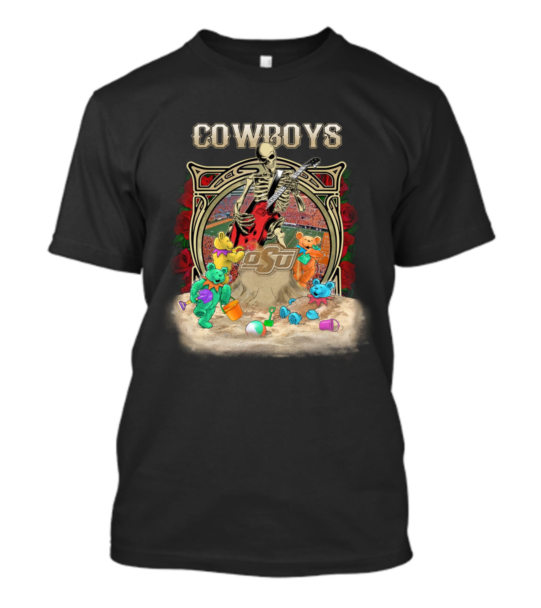 Cowboys Skeleton Guitar With Osu Ncaa1 63 Teddy Bears T-Shirt