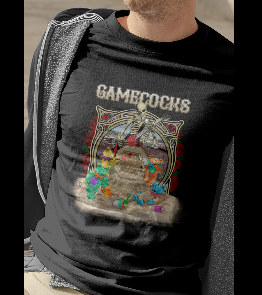 Gamecocks Skeleton With Colorful Bears Playing On Beach T-Shirt