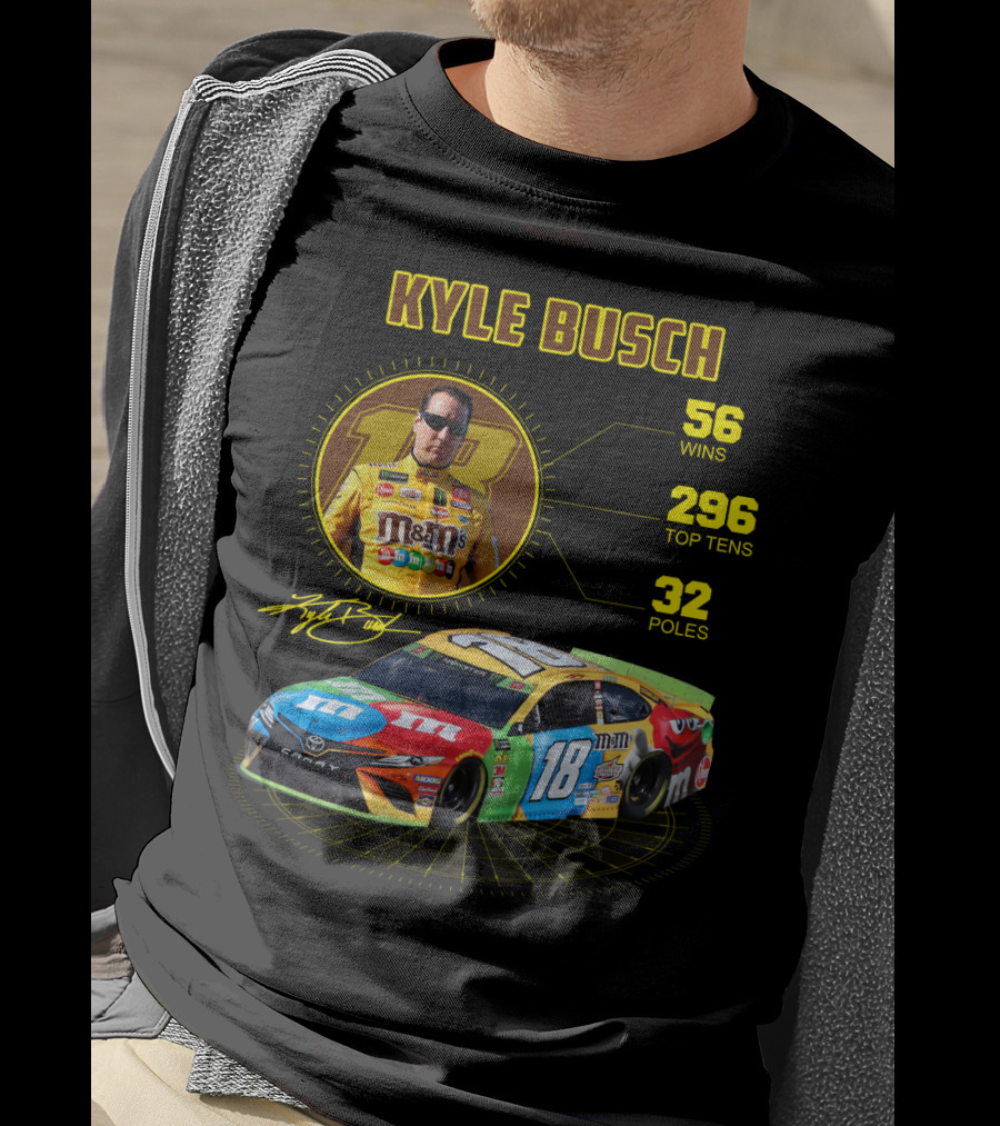 Kyle Busch M&M's 18 Toyota 56 Wins 296 Top Tens 32 Poles T-Shirt