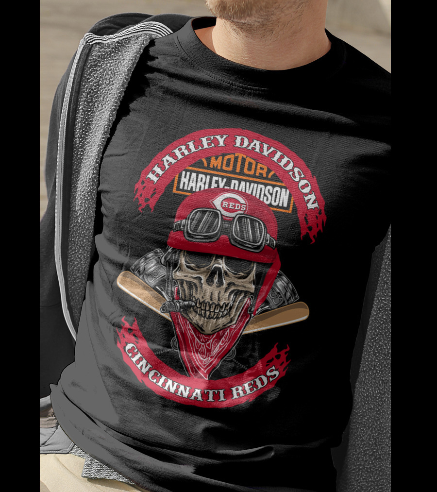 Harley Davidson Cincinnati Reds Skull Helmet Motor T-Shirt