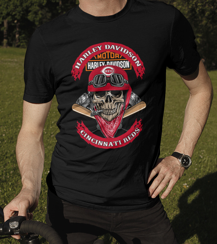 Harley Davidson Cincinnati Reds Skull Helmet Motor T-Shirt