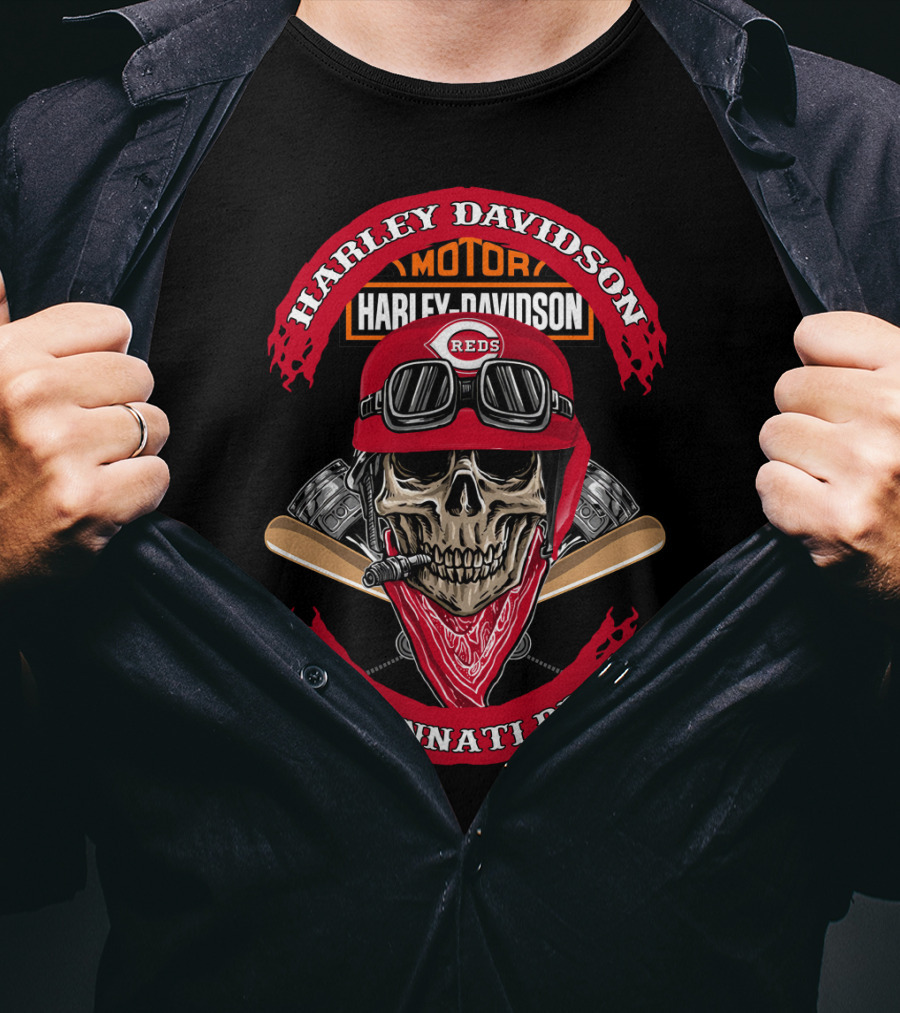 Harley Davidson Cincinnati Reds Skull Helmet Motor T-Shirt