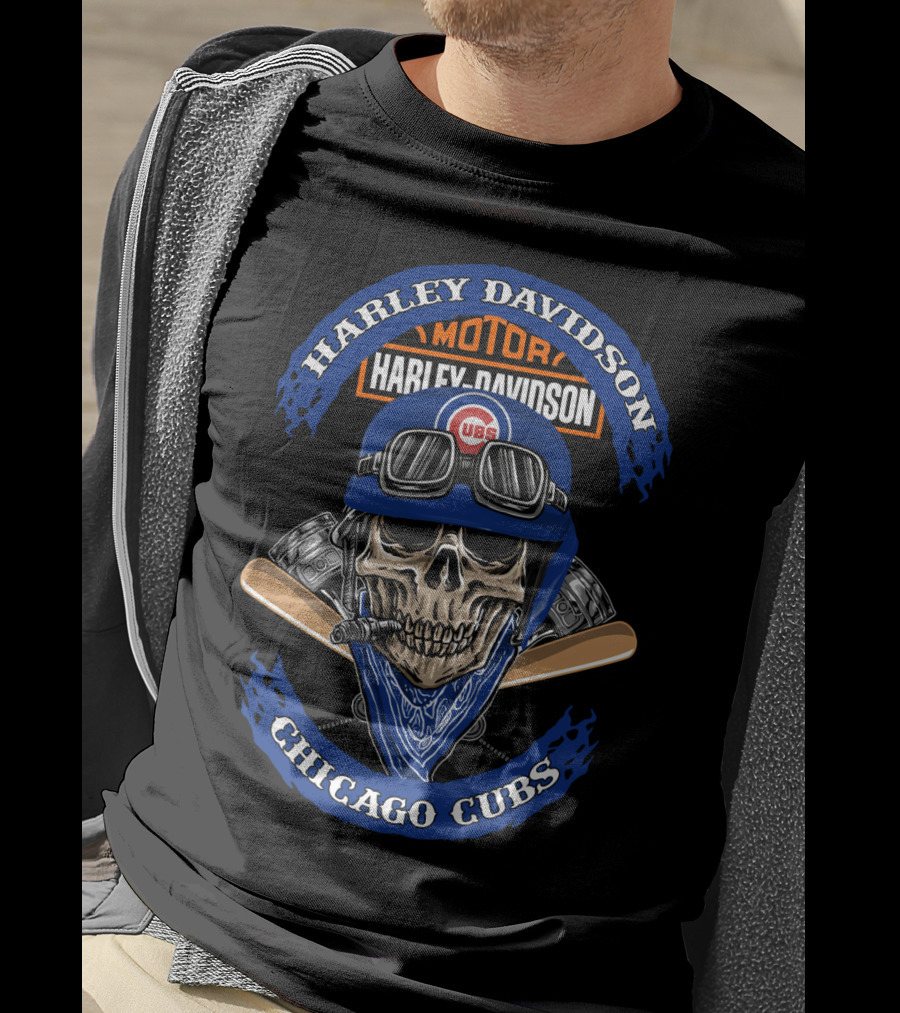 Harley Davidson Chicago Cubs Skull Helmet Cigars T-Shirt