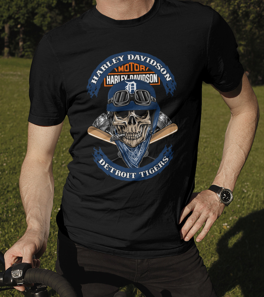 Harley Davidson Motor Detroit Tigers Skull Helmet T-Shirt