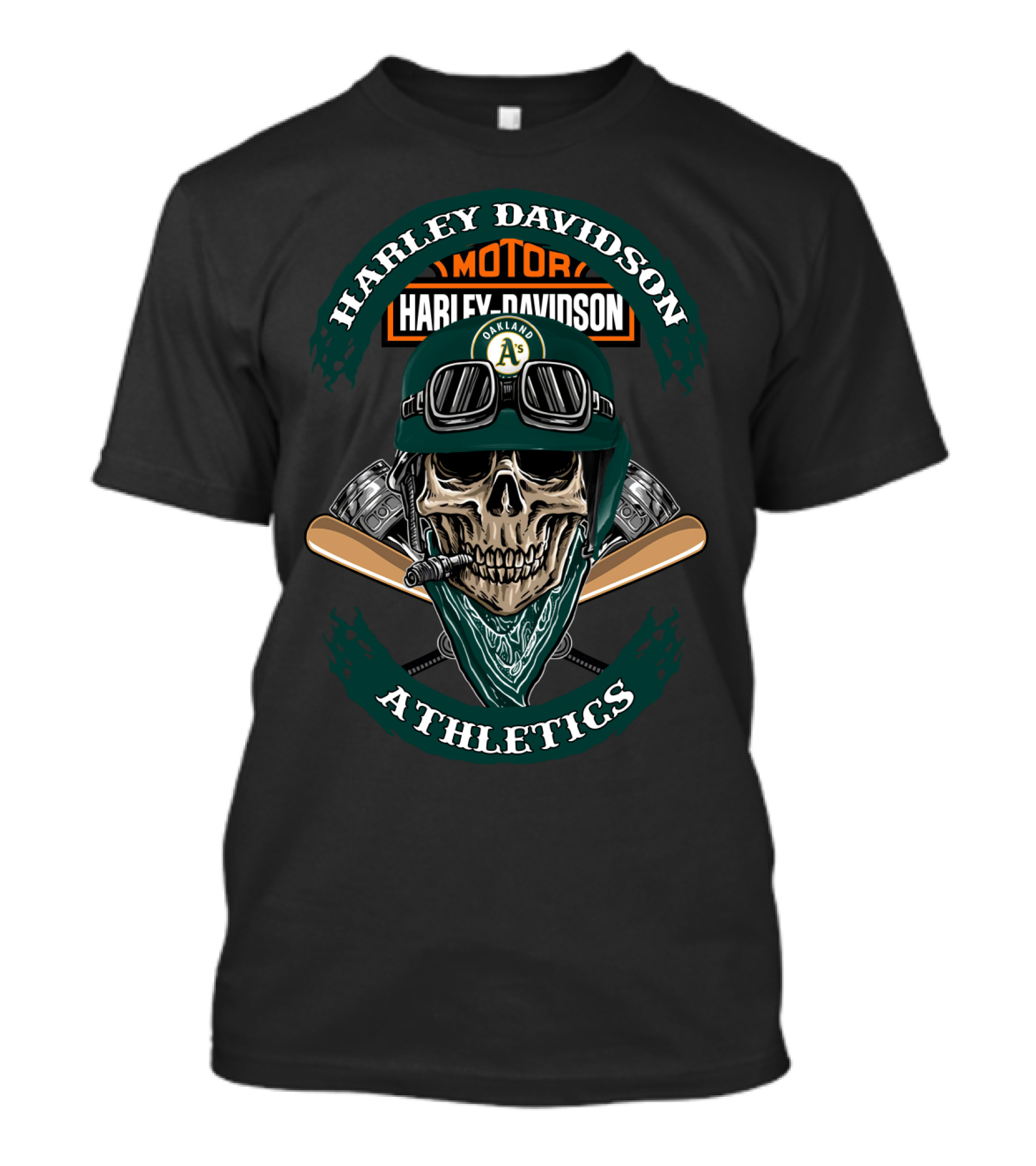 Harley Davidson Oakland Athletics Skull And Engine Motif T-Shirt