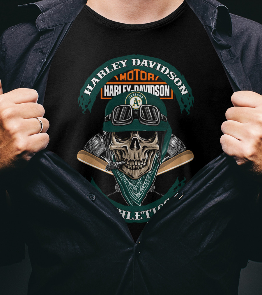 Harley Davidson Oakland Athletics Skull And Engine Motif T-Shirt