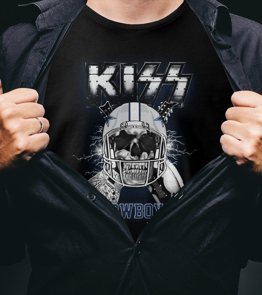 Kiss Cowboys Skull Helmet Electric Guitar Nfl Crossover T-Shirt