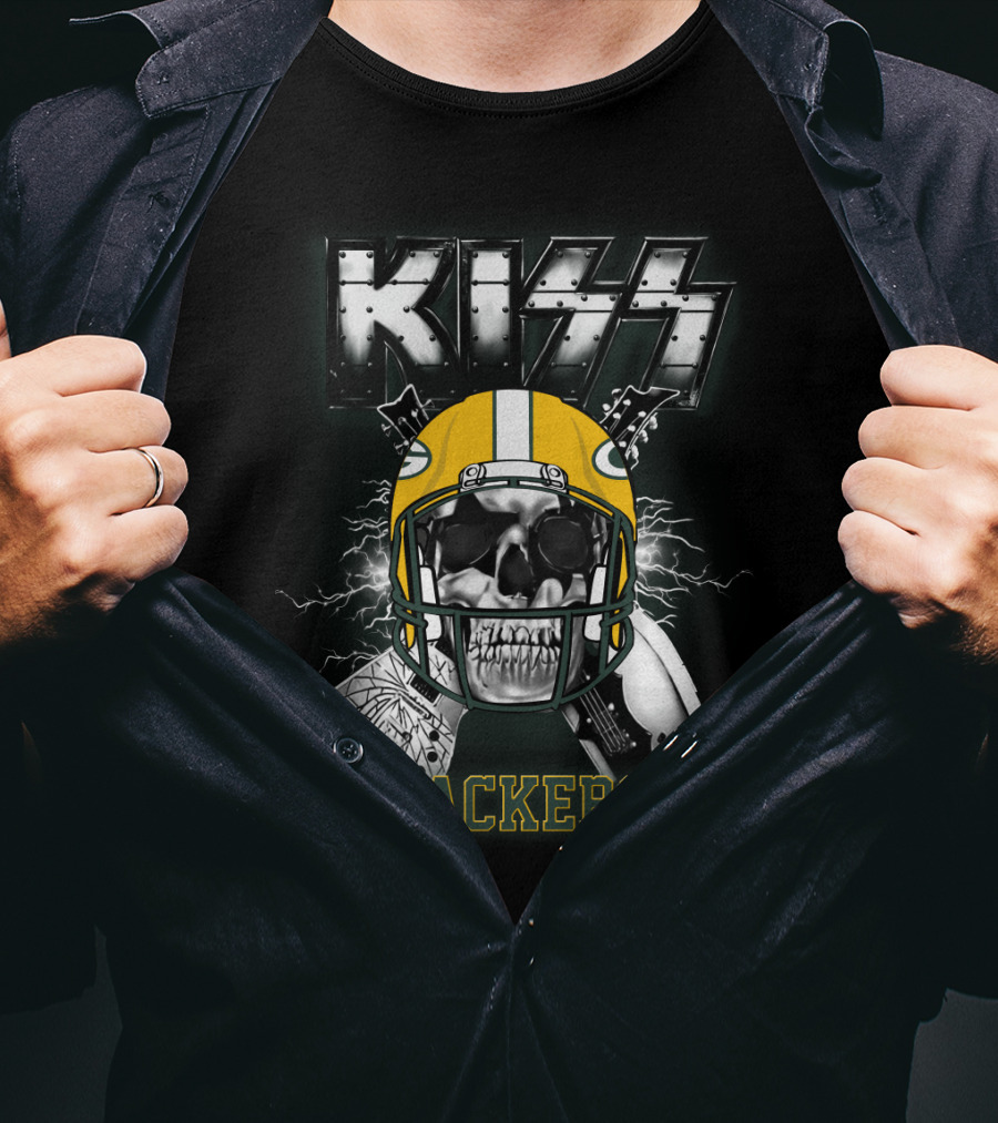 Kiss Packers Skull Helmet Electric Guitars Artwork T-Shirt
