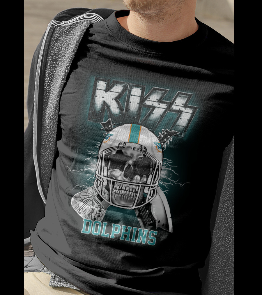 Kiss Dolphins Miami Football Skull Helmet Electric Guitars T-Shirt