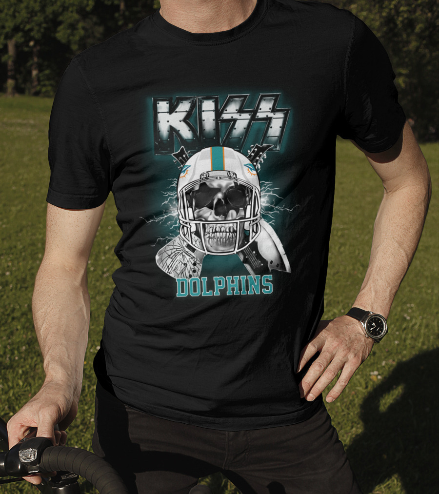 Kiss Dolphins Miami Football Skull Helmet Electric Guitars T-Shirt