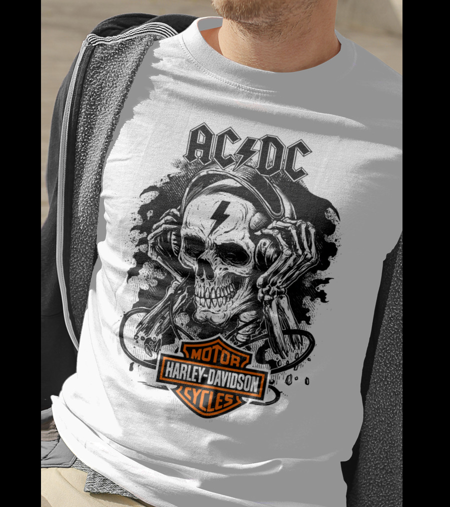 Acdc Harley Davidson Skull With Headphones T-Shirt